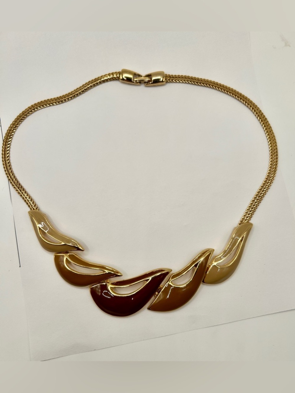 Vintage Gold Enamel Chain Necklace with Brown Tan Beige design - Picture 16 of 16
